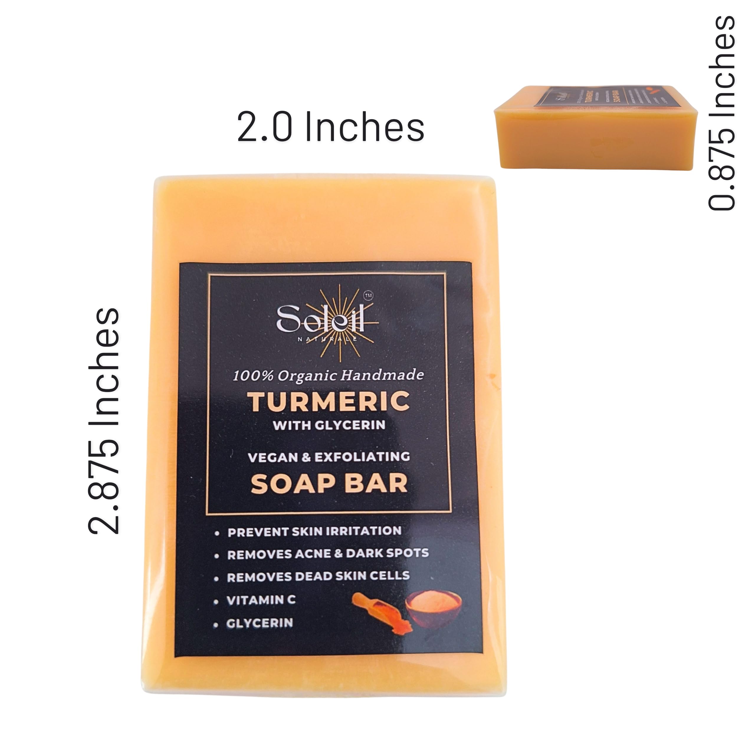 Pack of 2 - Organic Turmeric Face and Body Soap Bar, Vitamin C, Palm Oil, Olive Oil, Turmeric Oil, Turmeric Powder, with 1 Bamboo Wooden Soap Dish Tray - Birthday, Housewarming, Wedding Gift